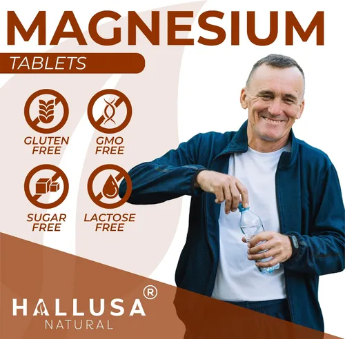 Vista 4 de Hallusa Natural Magnesio para calambres en las piernas, magnesio como óxido 500 mg, 60 cápsulas, suministro de 60 días, relajación muscular, alta