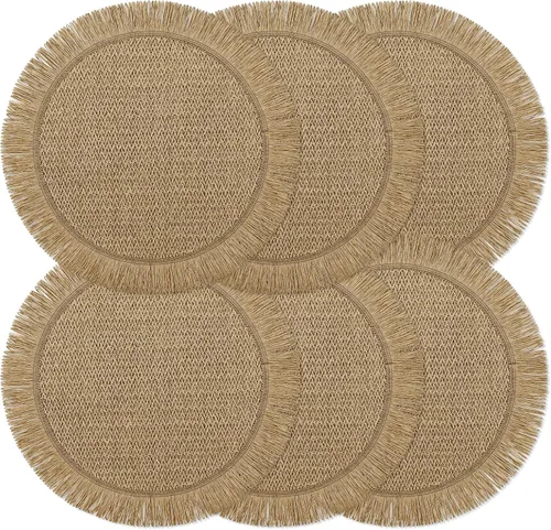 Vista 8 de fanquare Manteles Individuales de Papel Redondos Bohemios de 15'' Juego de 6, Manteles Individuales Tejidos Rústicos Resistentes a la Decoloración