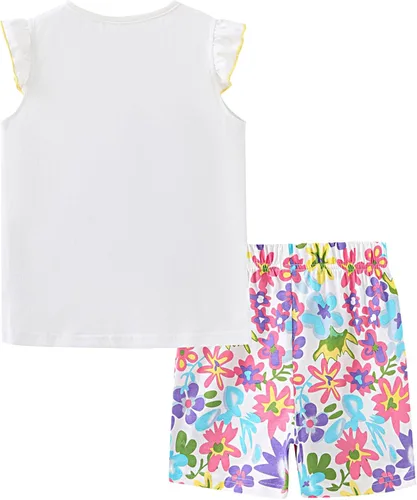 Vista 2 de Bumeex Conjunto de ropa de verano para niñas pequeñas con camiseta y pantalones cortos de algodón