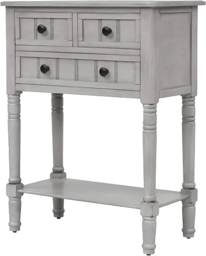 Vista 3 de Aparador de mesa de sofá de consola estrecha con 3 cajones de almacenamiento y estante inferior para sala de estar, entrada/pasillo Gris desteñido