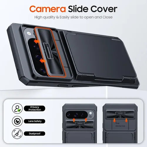 Vista 4 de CENMASO - Funda para Google Pixel 9 Pro XL con tarjetero (4 tarjetas), funda deslizante para cámara y función atril, bloqueo RFID, protección