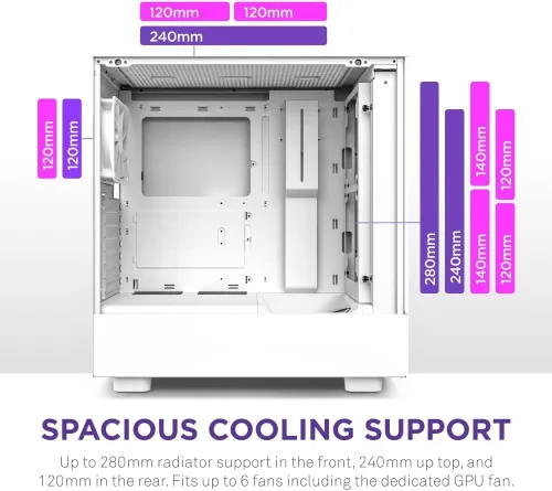 Vista 4 de NZXT H5 Flow Estuche compacto ATX para juegos de PC, torre media, alto flujo de aire, panel frontal perforado, panel lateral de vidrio templado
