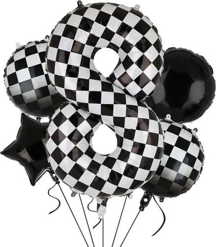 Vista 12 de Globo de números a cuadros de 40 pulgadas 0 globos de cumpleaños de coche de carreras en blanco y negro, globos de cumpleaños para bebé, hippie