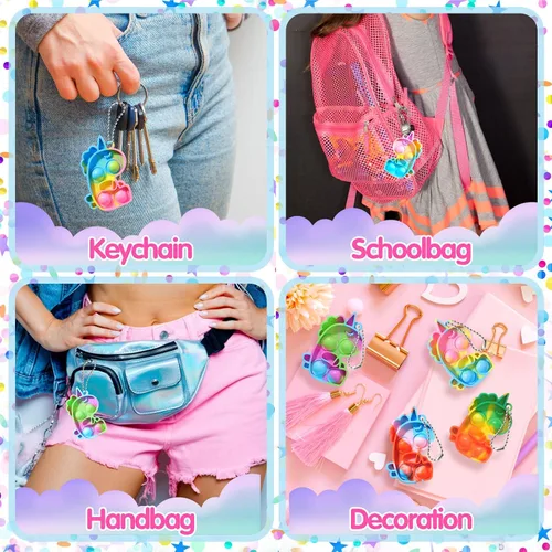 Vista 4 de Recuerdos de fiesta de unicornio para niños paquete de juguetes de mini llavero para reventar, regalos sensoriales a granel de burbujas para niños