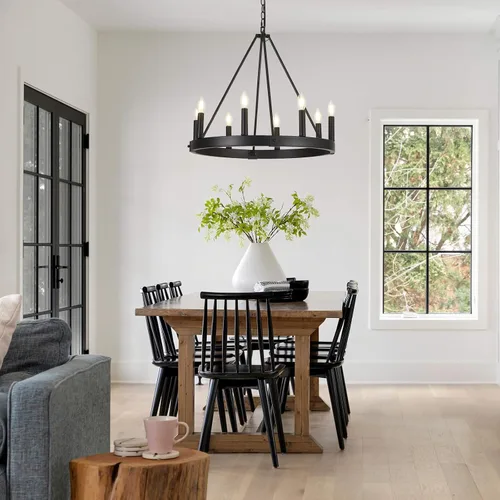 Vista 4 de Candelabro de 8 luces con rueda de carro, de 24 pulgadas, color negro, redondo, para comedor, moderna e industrial, isla de cocina, lámparas