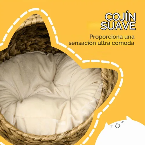 Vista 5 de PawHut Cama elevada tejida a mano para gatos con cojín suave y forma de silla de huevo, cama de cesta con soporte, casa de mimbre elevada para gatos
