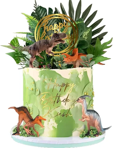 Vista 9 de Decoración de pastel de dinosaurio, plantas de selva, figuras de dinosaurio