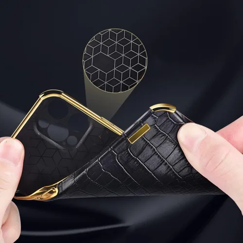 Vista 5 de Guppy Compatible con iPhone 15 Pro Max - Funda protectora de piel de cocodrilo de lujo, borde dorado, rotación de 360 grados para mujer, funda