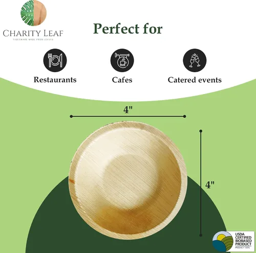 Vista 4 de Charity Leaf Cuenco redondo desechable de hoja de palma de 4 pulgadas (50 piezas) Parecido al bambú Todo natural y biodegradable Tablas
