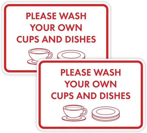 Vista 29 de Letrero clásico enmarcado con texto en inglés «Please Wash Your Own Cups and Dishes» (negro)