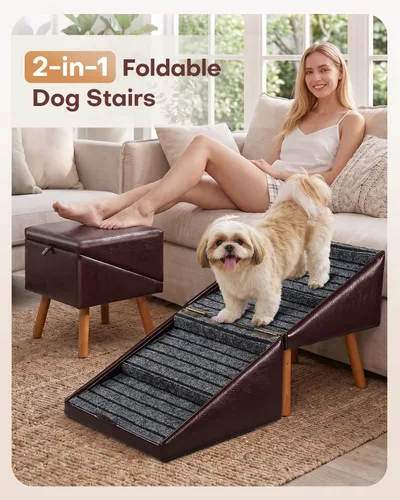 Vista 3 de Rampa plegable para perros para sofá, rampa antideslizante de madera para marrón burdeos