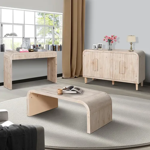 Vista 3 de Mesa de centro de madera para sala de estar, mesa de centro de artesanía vintage de granja, mesa de centro curvada de diseño Art Deco, mesas de té