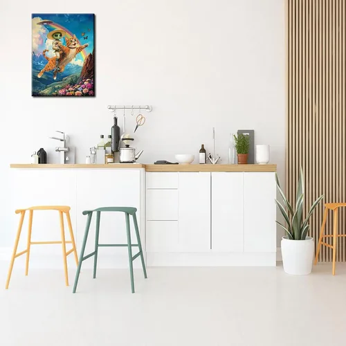 Vista 8 de Lienzo de paisaje victoriano OVNI para pared, diseño divertido de alienígena montando un gato, cuadros eclécticos de gato, póster impreso
