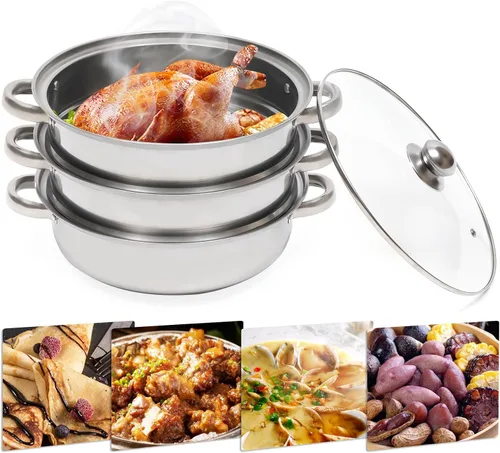 Vista 8 de Vaporizador de 3 niveles de acero inoxidable para cocinar con tapa de vidrio templado para cocinar alimentos al vapor 28cm/11in