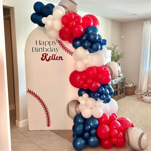 Vista 5 de VitaCraft Kit de arco de guirnalda de globos de béisbol, 136 piezas de arco de globos rojo, blanco y azul marino con guante de béisbol globo