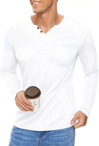 Vista 4 de NUOKESASI Camiseta básica Henley de manga corta y larga para hombre
