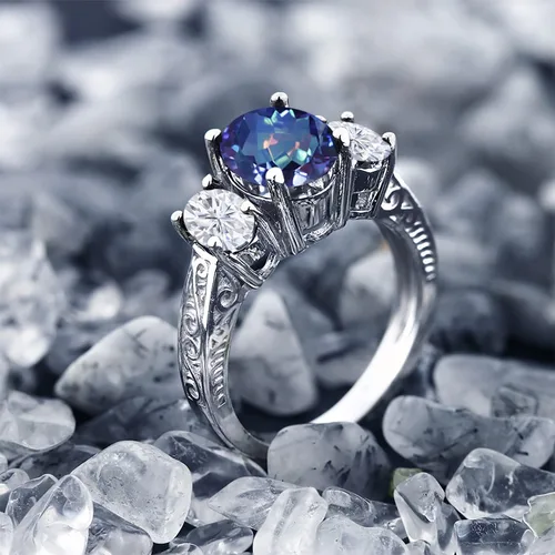 Vista 4 de Anillo ovalado de plata de ley 925 de 3 piedras de cuarzo místico azul milenio y piedra gema, tamaño King moissanita (2.80 quilates), Metal Gema
