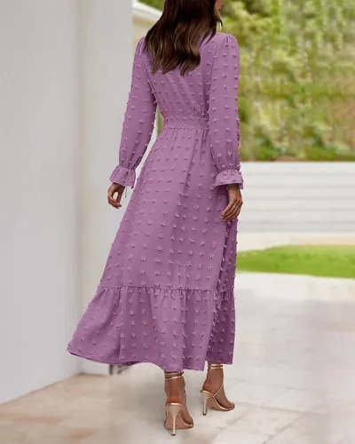 Vista 7 de BTFBM Vestidos de otoño 2023 para mujer, manga larga, cuello en V, lunares suizos, vestido largo bohemio, vestido largo de cintura alta, vestido