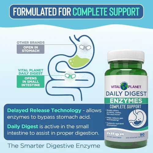 Vista 3 de Vital Planet Enzimas digestivas Digestivas Daily Digest Soporte Completo Fórmula de enzimas naturales Apoya la descomposición de proteínas, grasas e