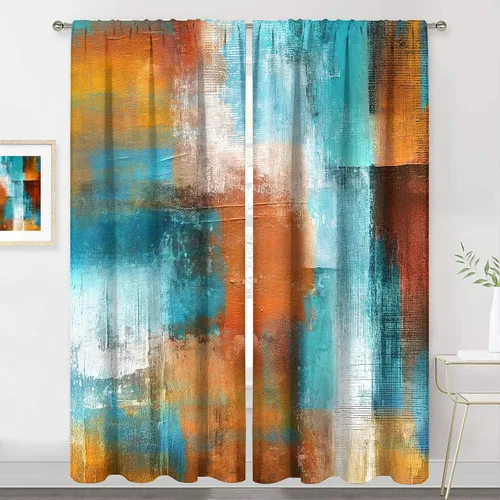 Vista 8 de MESHELLY Cortinas Rojas Abstractas 42Wx63H Pulgadas Bolsillo para Varilla Bloques Rústicos Borgoña Marrón Pintura al Óleo Casa de Campo Dormitorio