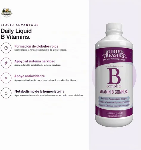 Vista 3 de Buried Treasure B Complete - Complejo líquido de vitamina B con metilcobalamina B12 y metilfolato B9, biotina, B1, B2, B3, B5, B6, líquido y sin