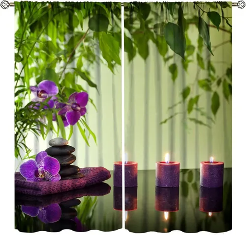 Vista 12 de Cortinas con estampado de bambú verde natural, plantas asiáticas, japonesas, tallos rústicos, hojas, cortina de selva con bolsillo para cortinero