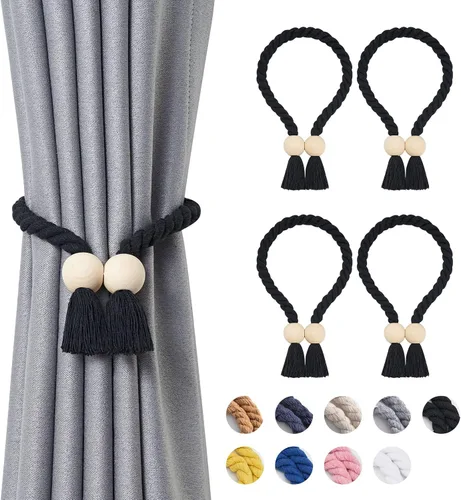 Vista 70 de NICEEC 2 Pack de Alzapaños Magnéticos de Madera en Forma de Cubo Boho para Decoración del Hogar, Alzapaños de Lino Tejidos a Mano para Cortinas Beige