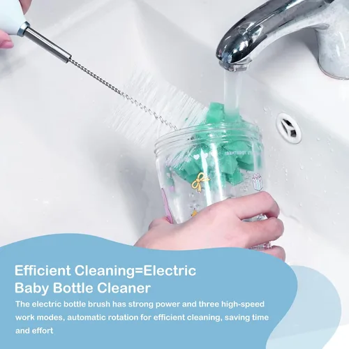 Vista 2 de Limpiador eléctrico de cepillo de botellas con soporte, limpiador automático recargable de botellas de agua con mango de extensión de acero