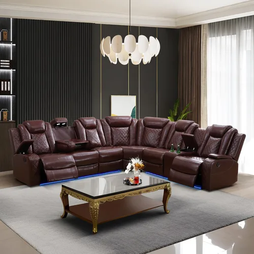 Vista 19 de Juego de sofá modular reclinable eléctrico con luz LED, juego de sofá modular reclinable de cuero, incluye sillón reclinable individual, juego