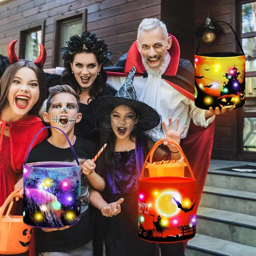 Vista 5 de Teling 6 bolsas de dulces de calabaza con luces LED para Halloween con luces LED para Halloween, bolsa de regalo reutilizable para suministros