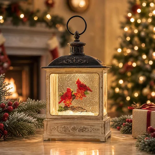 Vista 4 de Globo de nieve navideño con agua brillante, escena de cardenal con música y temporizador, linterna iluminada con USB/operada por batería