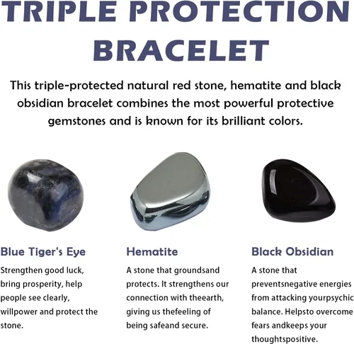 Vista 3 de Ornaland Pulsera de triple protección para hombres y mujeres, ojo de tigre, obsidiana, hematita, 0.315in, pulsera de cristal curativo, alivio
