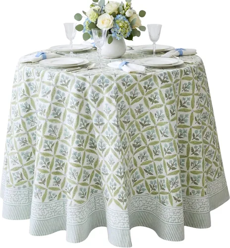 Vista 16 de ATOSII Amalfi - Mantel redondo de verano 100% algodón, estampado en bloques, para comedor, bodas, exteriores, fiestas, I Grand Millenial Farmhouse