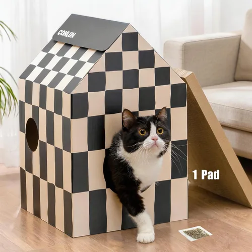 Vista 13 de Conlun Casa de cartón para gatos con almohadilla para rascar y hierba gatera, casa rascador para juegos de gatos para muebles de interior, rascador