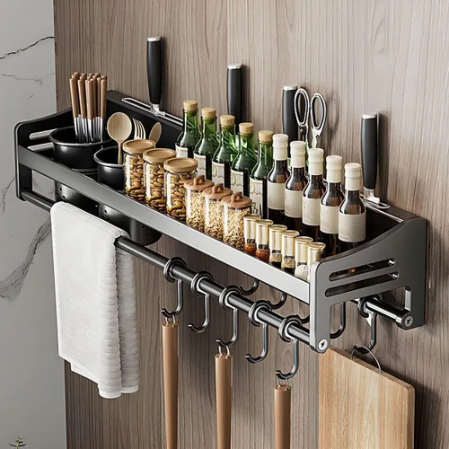 Vista 6 de Wall Stainless Steel Storage Rack Gray with Hooks Kitchen Wall-Mounted No Drilling Required, Multi-Functional Knife Kitchen Storage Stainless Steel