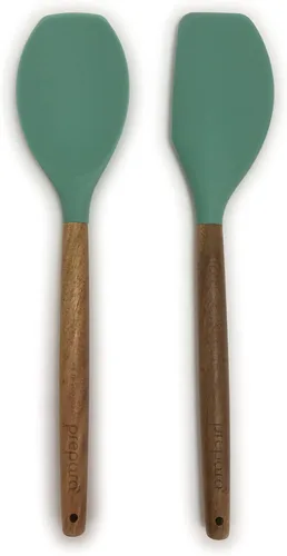 Vista 9 de Prepara Juego de 2 cucharones de sopa y cuchara ranurada de acacia y silicona, color verde espuma de mar