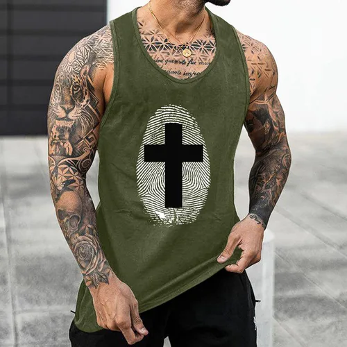 Vista 2 de Camiseta sin mangas con estampado elegante para hombre, estilo Henley, sin mangas, elástica, talla grande, cuello redondo