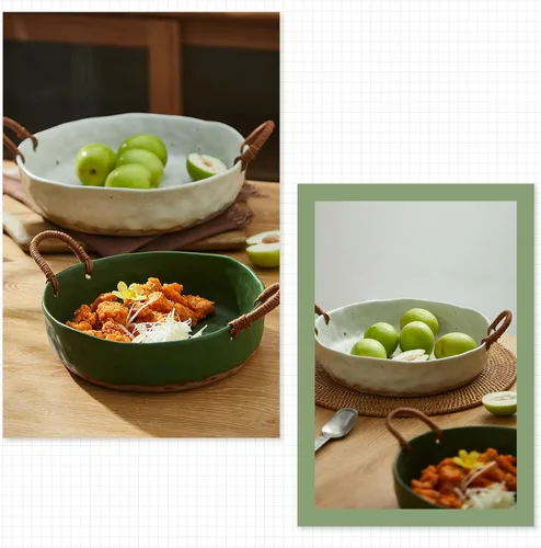 Vista 6 de Frutero grande de 10 pulgadas, cesta de frutas de cerámica para encimera de cocina, Frutero para Cocina, blanco Verde