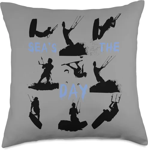 Vista 4 de Kitesurf Gifts and Surf Lover Tees by taiche Kitesurfer Silhouette Pattern with Seas The Day Quote 1 Throw Pillow, 16x16, Multicolor