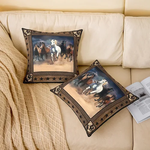 Vista 2 de Juego de 2 fundas de almohada de caballo corriendo con diseño de estrellas de grano de madera, suave y cuadrada, para decoración de habitación