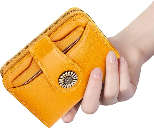 Vista 6 de INSIFEEL Billetera pequeña para mujer, bolso compacto de cuero con bloqueo RFID RFID para mujer, Amarillo, Retro