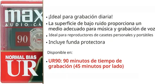 Vista 5 de Maxell UR 90 Cinta de casete de grabación de audio en blanco de polarización normal, bajo nivel de ruido, tiempo de grabación de 90 minutos, paquete