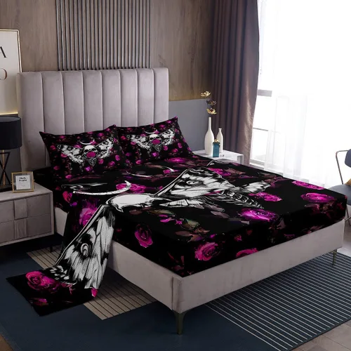 Vista 8 de Erosebridal Sábanas de cama de guepardo con rosa roja, juego de sábanas de bolsillo profundo con estampado de leopardo y gato, sábana bajera