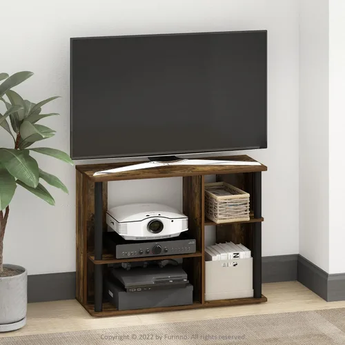 Vista 2 de Furinno Classic - Soporte con postes de plástico para televisores de hasta 40 pulgadas, color pino ámbar/negro