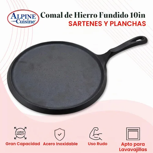 Vista 5 de Alpine Cuisine Plancha plana y comal de hierro fundido de 10 pulgadas Presazonada con mango duradero Utensilios de cocina de calefacción