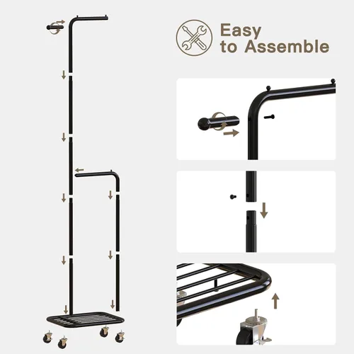 Vista 6 de Perchero pequeño con ruedas, perchero portátil de 71 pulgadas con estante inferior de metal, perchero con barra para colgar, perchero resistente