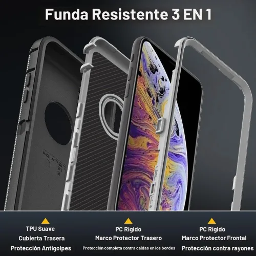 Vista 4 de Funda para iPhone Xs Max con 2 protectores de pantalla de vidrio templado, grado militar 3 en 1, resistente a prueba de golpes, caídas y polvo