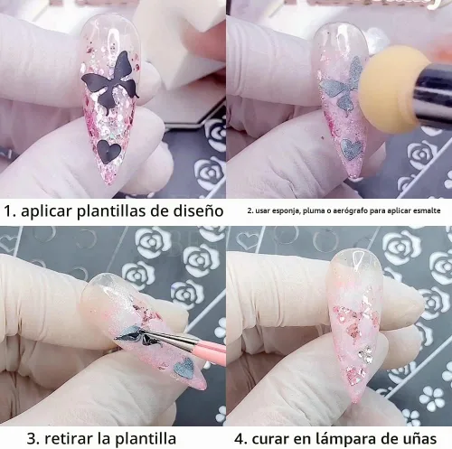 Vista 6 de 6 hojas de plantillas de aerógrafo, calcomanías de uñas para arte de uñas, autoadhesivas, estrellas, mariposa, punta francesa, corazón, calcomanías