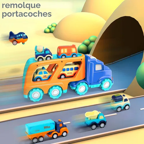 Vista 5 de Paquete de 9 autos de juguete para niños y niñas de 2, 3, 4, 5 años, camión de transporte grande con 8 pequeños camiones de tracción y lindos, juego