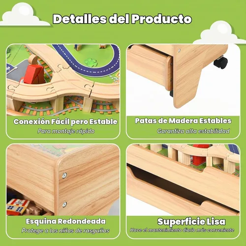 Vista 8 de GLACER Mesa de tren, 100 piezas de madera con cajón de almacenamiento